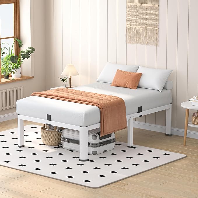 18 Inch White Twin Heavy Duty 3500 lbs Bed Frame with Round-Corner Legs & Anti-Squeak Design – Quick Assembly Metal Platform, No Box Spring Needed
