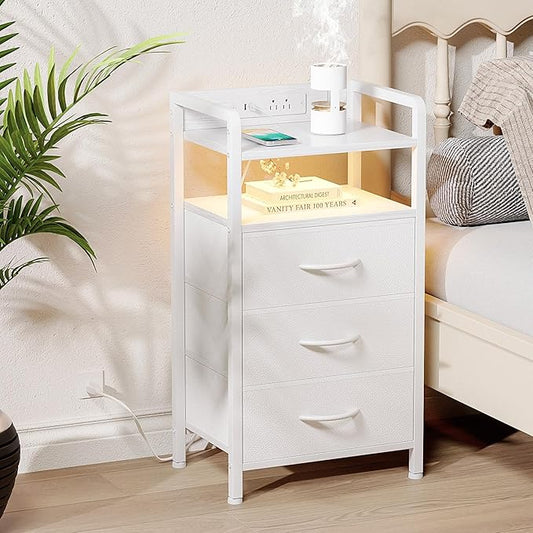 Night Stand Bedside Charger Bedroom - Nightstand with Charging Station, Bed Side Table with LED Light Strip, End Table with U-S-B Ports & AC Outlets, Storage Shelf & 3 Fabric Drawers, White