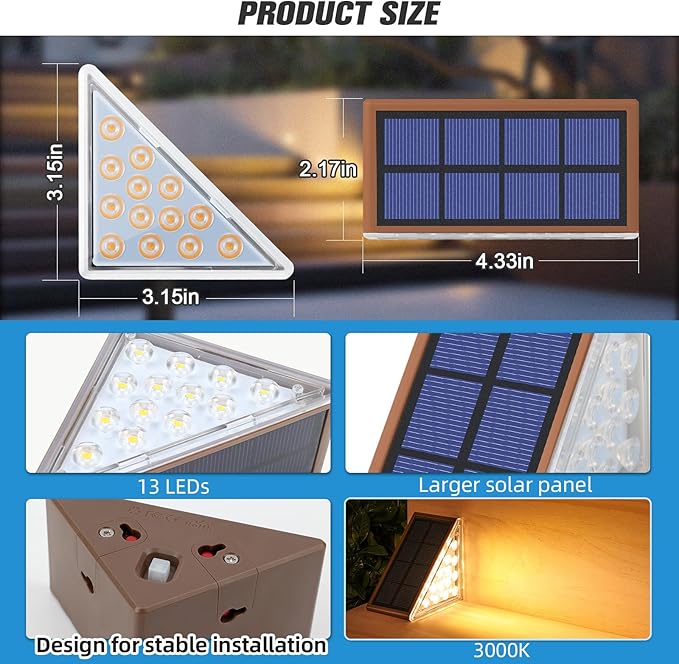 NIORSUN Outdoor Stair Lights 8 Pack, Solar Step Lights IP67 Waterproof with 13 Bright LEDs, 3000K Warm White, Auto On/Off, Triangular Design for Steps, Deck, Patio, Yard, Porch, Sidewalk