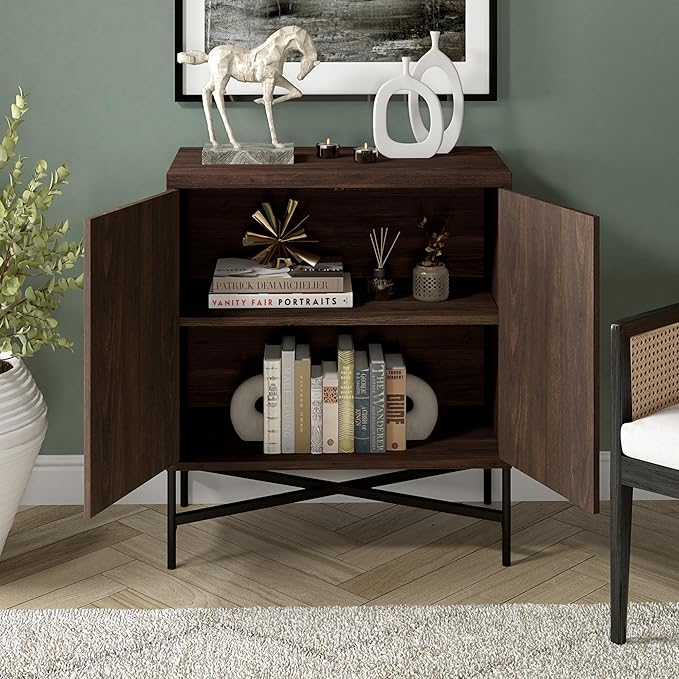 Henn&Hart 28" Fluted Wooden Accent Cabinet, Ribbed Modern Sideboard Buffet Cabinet with 2 Doors and an Adjustable Shelf for Living Room, Dining Room, Bedroom or Entryway, Warm Brown