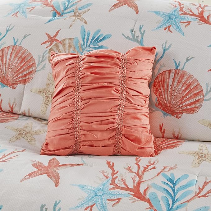 Madison Park 100% Cotton Comforter Set - Coastal Coral, Starfish Design All Season Down Alternative Cozy Bedding with Matching Shams, Decorative Pillow, California King(104"x92"), Teal 7 Piece