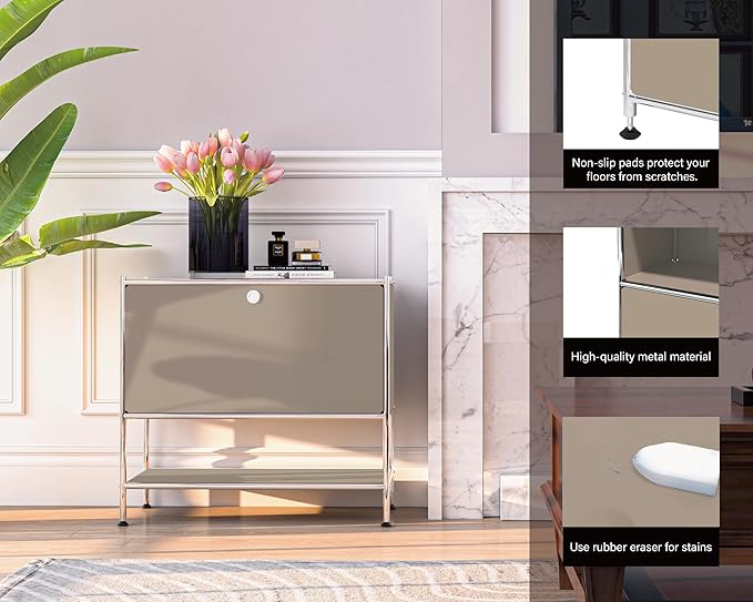 Metal Sidetable with Flap Door, 27.5" Height - DIY Modern Furnishing for Home, Office, Foyer, Bedroom - Night Stand, Book Shelf, Bookshelf, Cube Storage Organizer, Bedside Table (Taupe)