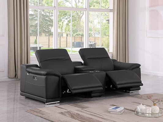 BlackJack Furniture Venice Top Grain Italian Leather Power Recline Loveseat Sofa - 93" Theater Seating Modern Couch for Living Room Apartment Lounge Home with Adjustable Headrests & USB Port, Black