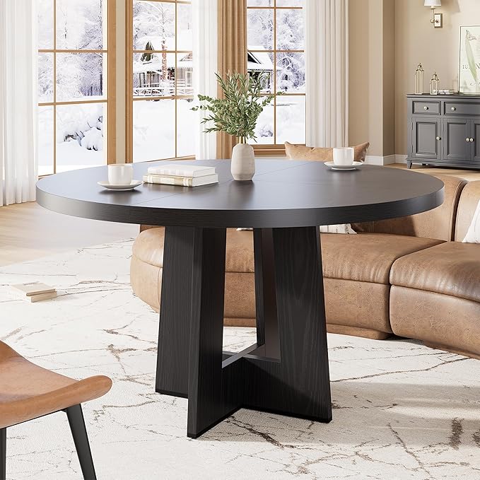 IDEALHOUSE 47" Round Dining Table, Kitchen Table for 4-6 People, Circle Tables with Sturdy Pedestal Base, Space Saving Dinning Room Furniture for Living Room, Kitchen, Black