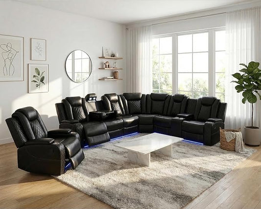 Air Leather Recliner Sectional Sofa Set, Power Reclining Sectional Couch for Living Room, L Shaped Recliner Corner Couch and Single Chair with LED Lighting, USB Port&Storage (Black)