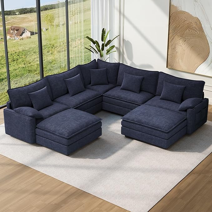 Vesgantti 101" V-Shaped Corner Couch Sectional, 7 Seat Customizable Modular Cloud Couches with Movable Ottoman, Chenille Deep Seat Sofa Set with Chaise for Living Room, Bedroom and Apartment, Blue | Sink-in Comfort, Height Adjustable, Easy Rearrangemen...