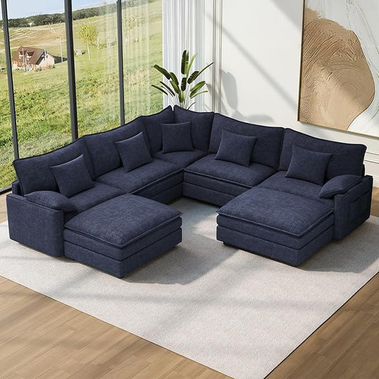Vesgantti 101" V-Shaped Corner Couch Sectional, 7 Seat Customizable Modular Cloud Couches with Movable Ottoman, Chenille Deep Seat Sofa Set with Chaise for Living Room, Bedroom and Apartment, Blue | Sink-in Comfort, Height Adjustable, Easy Rearrangemen...