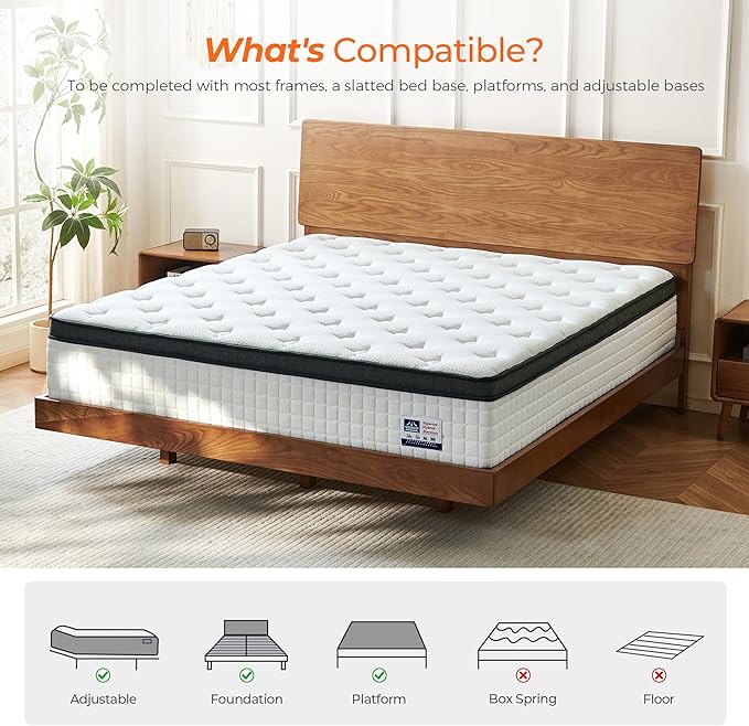 14 Inch King Size Mattress in a Box, Luxurious Hybrid Mattress with Pressure Relieving Memory Foam and Individual Pocket Innerspring Coils for Balanced Feel, CertiPUR-US Certified