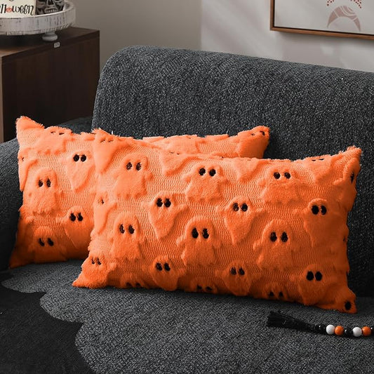 DFXSZ Halloween Pillow Covers 12x20 inch Set of 2 Orange Ghost Throw Pillow Cases Soft Plush Faux Fur Wool Couch Cushion Case for Chair Sofa Bedroom Living Room Home Decor PTK03C12
