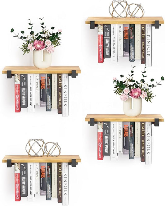 4 Set of Floating Bookshelf, Pine Wood Invisible Bookshelf, Hanging Bookshelves for Wall, Unique Space Saving Wall Bookcase (16.5L×8.7W×1.5H)