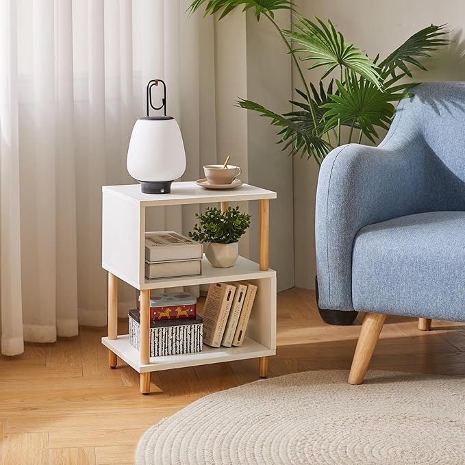White Night Stand with Open Storage Shelf, Wood Nightstand S Shape, Bed Side Table 3 Tier 20 inch high, End Table White/Natural Wood YD-TM152W