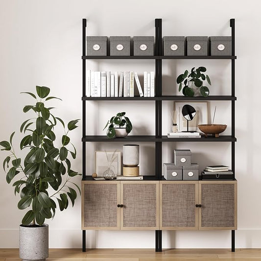 Nathan James Theo Modern Bookcase with Rattan Cabinet in Matte Black and Light Oak Finish with Matte Black Metal Frame for Living Room, Home Office Storage, Set of 2