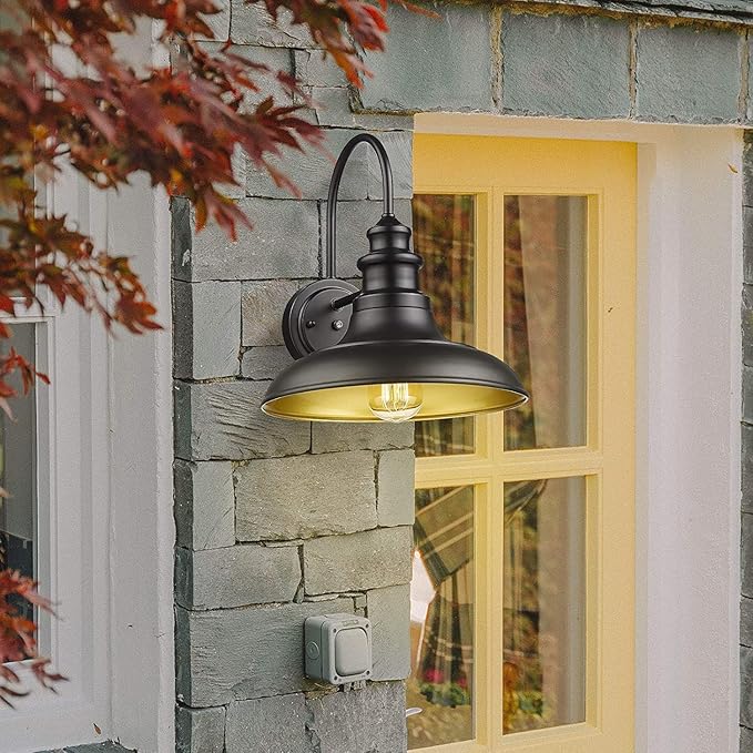 Dusk to Dawn Sensor Outdoor Barn Light Fixture, 12.3 Inch Dome Outdoor Wall Sconce Farmhouse Wall Mount Lights Exterior Light Fixture Black Finish Industrial Wall Lantern for Porch, 1Pack