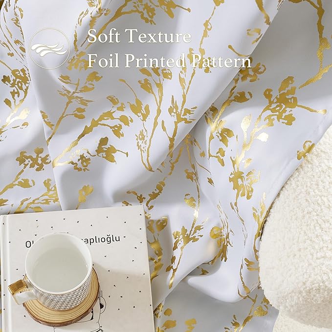 NICETOWN Gold Foil Printed Floral Curtains 100% Blackout, Grommet Branch Pattern Gold Foil Printed Window Treatments Thermal Drapes for Bedroom, Greyish White, W52 x L96, 2 Panels