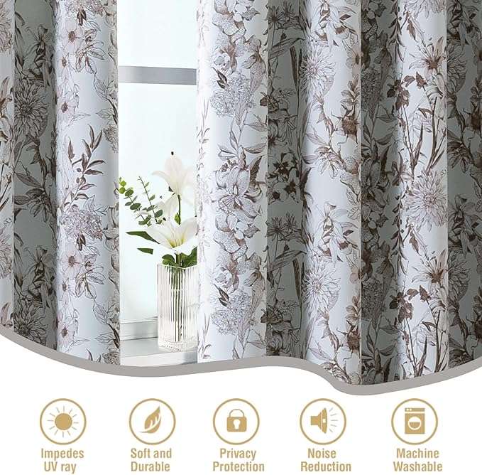 H.VERSAILTEX Blackout Curtains 96 Inch Length 2 Panels Set Floral Print Curtain Drapes for Living Room Thermal Insulated Grommet Window Curtains for Bedroom - French Jouy Flora in Macchiato