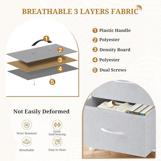 Nightstand with 4 Fabric Drawers, 37.4" H Tall Narrow Bedside Table with Wooden Top Steel Frame for Bedroom, Dorm, Closet, Living Room, Light Grey