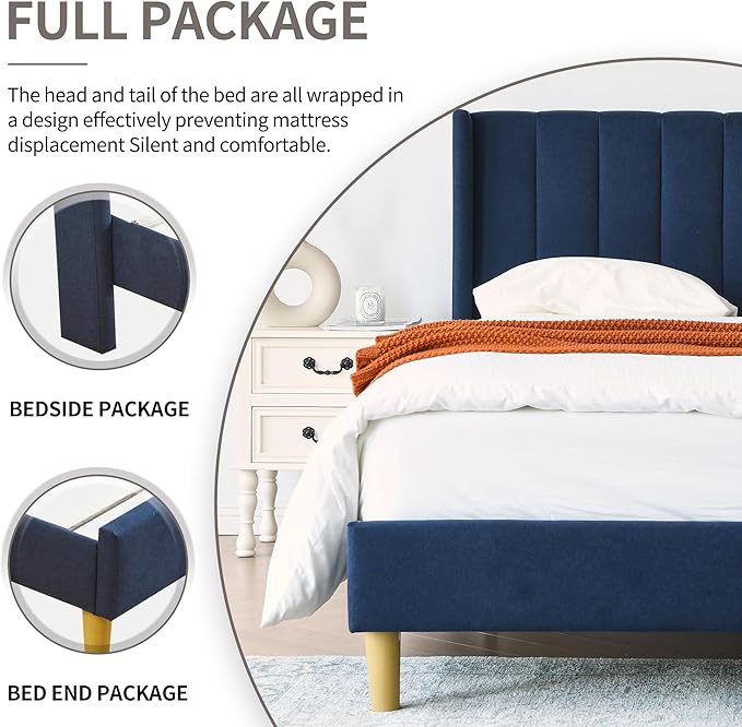 YUHUASHI upholstered Platform Bed Frame/Full Bed Frame/Modern Geometric Double-Wing Design headboard/Linen Fabric/Easy to Assemble no Noise (Navy Blue, Full)