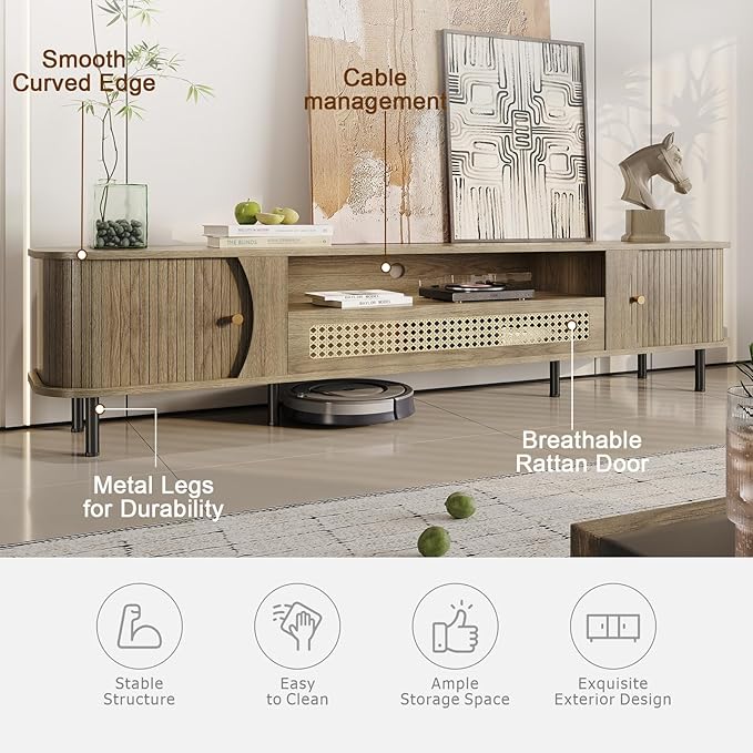 basenji 79" Fluted TV Stand with Sliding Doors & Rattan,Mid Century Modern Entertainment Center with Storage,Curved Edge Design,Media Console for TVs up to 85",TV Consoles for Living Room,Oak