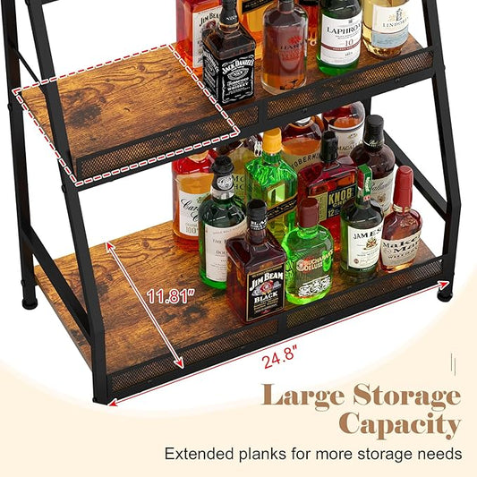 3-Tier (Safe Height for Kids & Pets) Expanded Liquor Stand, Trapezoid Wine Rack Freestanding Floor, Large-Capacity Bar Stand for Liquor Whiskey Wine Storage, Vintage Liquor Cabinet Bar for Home