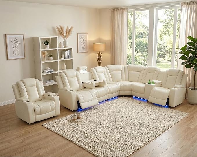 Air Leather Recliner Sectional Sofa Set, Power Reclining Sectional Couch for Living Room, L Shaped Recliner Corner Couch and Single Chair with LED Lighting, USB Port&Storage (Cream White Pro)