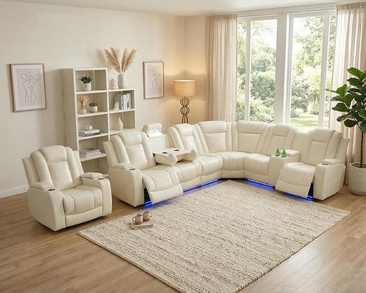 Air Leather Recliner Sectional Sofa Set, Power Reclining Sectional Couch for Living Room, L Shaped Recliner Corner Couch and Single Chair with LED Lighting, USB Port&Storage (Cream White Pro)
