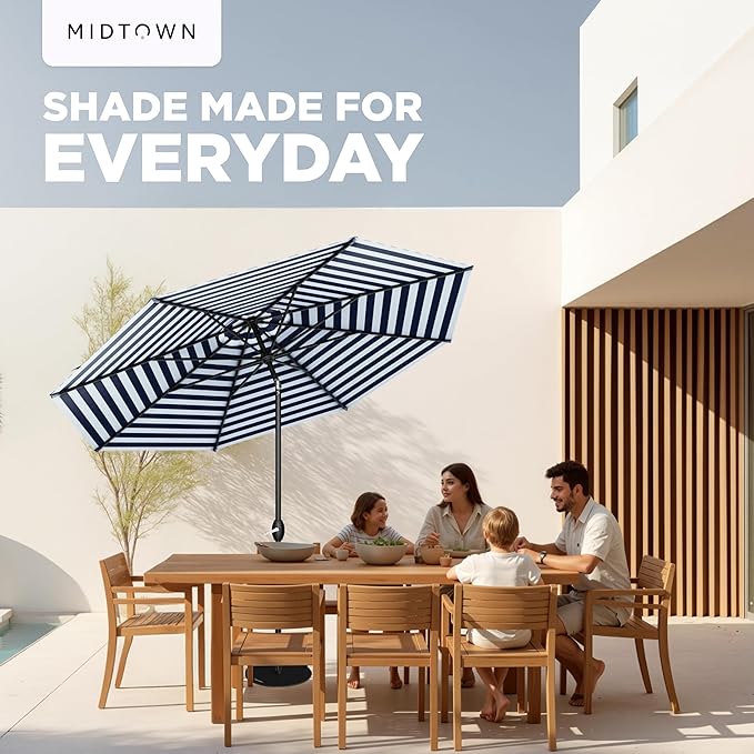 Midtown Umbrellas - 10-Year-No-Fade 9 Ft Patio Umbrella with Terylast Fabric, Auto-Tilt Aluminum Frame and 8 Reinforced Ribs for Deck, Pool, Garden & Beach - Navy Stripes Canopy, Black Pole