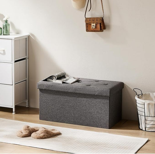 NEWBULIG 30 Inches Folding Storage Ottoman Bench with Padded Seat for Bedroom, Small End of Bed Foot Rest Stools Storage Chest, Living Room, Pure Grey.