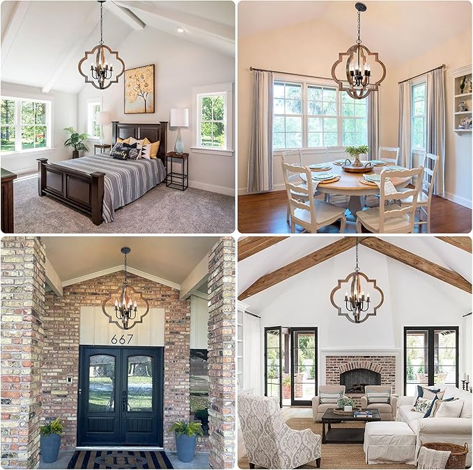 21.65'' Farmhouse Wood Chandelier, 6-Light Rustic Dining Room Light Fixture, Orb Chandelier Light Adjustable Height, Wood Pendant Lighting for Kitchen Island Foyer Living Room Hallway