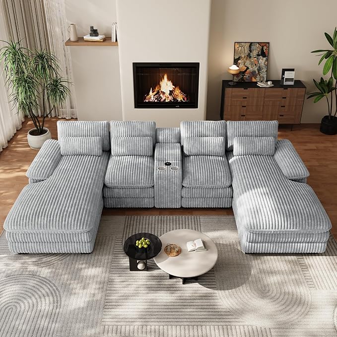 133" Oversized U Shaped Cloud Couch Modular Sectional Couches for Living Room Comfy Corduroy Deep Seat Sofa Set with Double Chaise Lounge, Storage Central Console, Cup Holders, USB Port, Grey