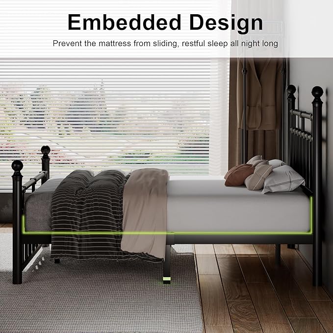 Feonase Full Size Metal Platform Bed Frame with Victorian Classic Iron-Art Headboard & Footboard, Heavy Duty Slats, 12" Under Bed Storage, No Box Spring Needed, Easy Assembly, Noise-Free, Black