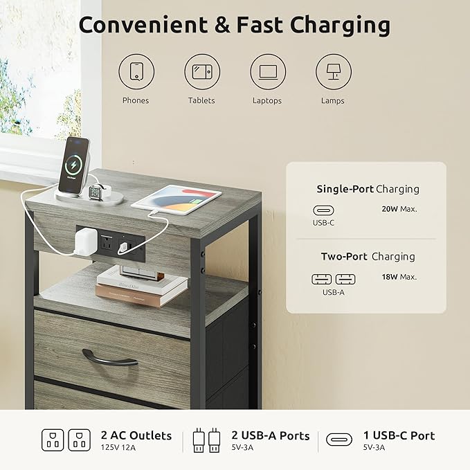 NightStand Bedside Charging Table Bedroom - Night Stand with Charger Station, Modern Nightstand with Open Shelf & 3 Fabric Drawers, End Table with USB-C USB Ports & AC Outlets for Dorm, Grey