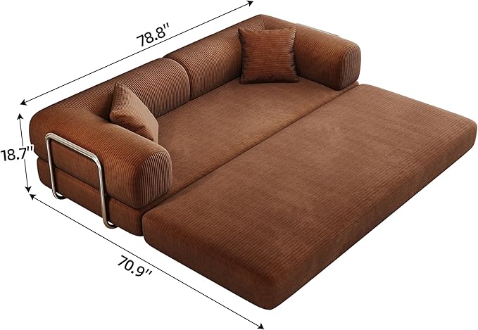 79" Convertible Sofa Bed, Corduroy Folding Pull Out Couch with Pillows, No Assembly Modern Boneless Couch Compression Sofa in Box, Floor Sofa with Support Rods for Living Room,Brown