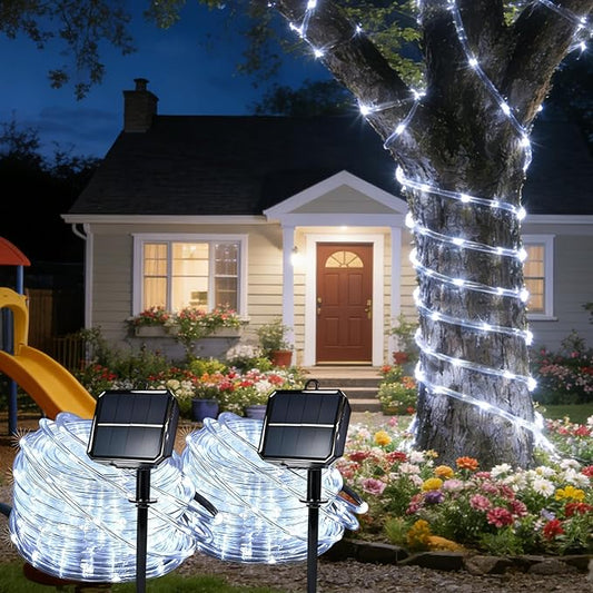 Solar Roep Lights for Outside, 2 Packs Total 66ft 200 LED Solar String Lights with 8 Modes, Waterproof Solar Outdoor Light for Patio Garden Party Tree Proch Pool Holiday Xmas Decor-White