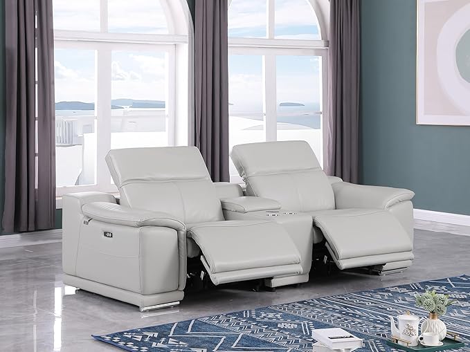 BlackJack Furniture Venice Top Grain Italian Leather Power Recline Loveseat Sofa - 93" Theater Seating Modern Couch for Living Room Apartment Home with Adjustable Headrests & USB Port, Light Grey