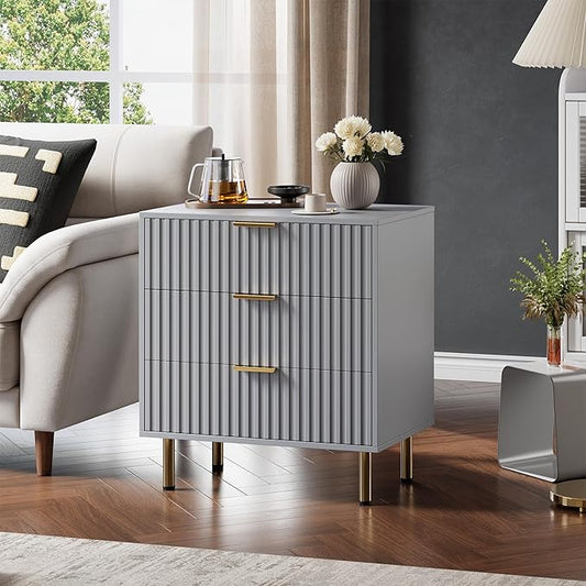 GarveeHome 3 Drawer Dresser for Bedroom, Fluted Modern Nightstand with Deep Drawers, Chest of Drawers with Wide Top, Wooden Dresser Organizer, Side Table for Living Room, Hallway, Kids Room, Grey