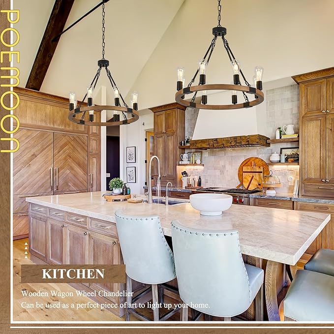 23.6'' Farmhouse Wooden Wagon Wheel Chandeliers 8 Lights Rustic Oak Wood Round Chandelier with Black Chain Natural Pendant Light Fixture for Living Dining Room Kitchen Entryway Foyer