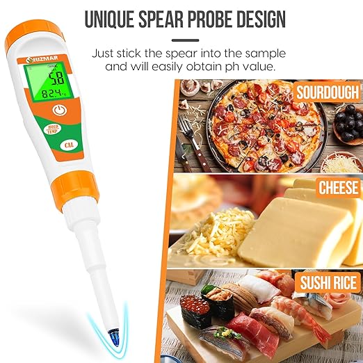 pH Tester for Food Digital pH Meter for Sourdough Starter and Dough Spear Sensor Food pH Kit Works for Fermented Sausages Cheese Sushi Rice Canned Jam Soapmaking and Other Solid Semi-Solid