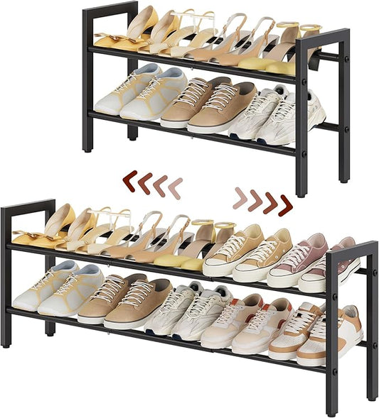 FAVOOSTY 2-Tier Expandable Shoe Rack, Adjustable Shoe Shelf Storage Organizer Space Saving Metal Free Standing Shoe Rack for Entryway Closet Doorway, Black