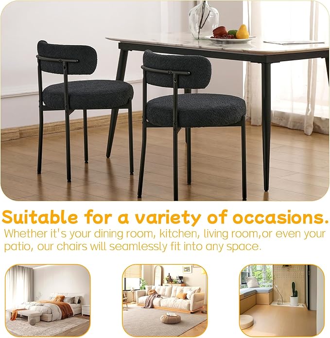 EDWELL Black Boucle Dining Chairs Set of 4, Mid Century Modern Dining Room Chairs with 3.94“ Cushions, Round Upholstered Kitchen Chairs with Black Metal Legs for Dining Chair, Living Room