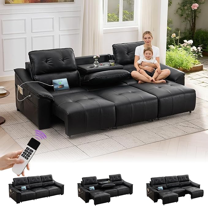 TYBOATLE Electric Reclining Sectional Couch, Power Recliner Sofa w/USB & Type-C Charging Ports and Cup Holders, Leather Reclining Sofa for Living Room, Home Theater