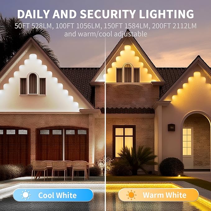 mw Permanent Outdoor Lights for House, 50ft RGB+IC Smart Outdoor Decor, 50 Scene Modes, App/Remote Control, IP68 Waterproof, House Eave Lights for Halloween, Christmas, Party Decor