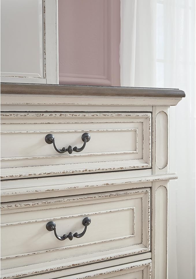 Signature Design by Ashley Realyn Cottage 6-Drawer Dresser and Mirror with Safety Stop and Felt-Lined Top Drawer, White