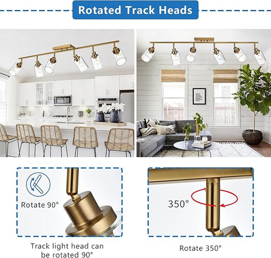 MELUCEE 6 Light Bathroom Vanity Light Fixtures Multi-Directional Rotating Track Lighting Kit Brass, Ceiling Spotlight Fixture for Kitchen Foyer Bath, Clear Glass Shade
