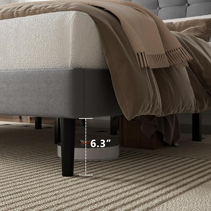 Queen Size Bed Frame, Queen Size Platform Bed Frame with Upholstered Button Tufted Headboard, Strong Wood Slats, No Box Spring Needed, Mattress Foundation, Easy Assembly Grey