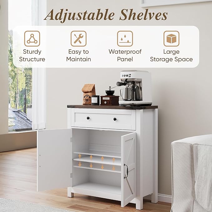 Semiocthome Farmhouse Sideboard Buffet Cabinet with Storage and Adjustable Shelf, Accent Table with Barn Door, Storage Cabinet for Kitchen, Dining Room, Bathroom, Entryway - White