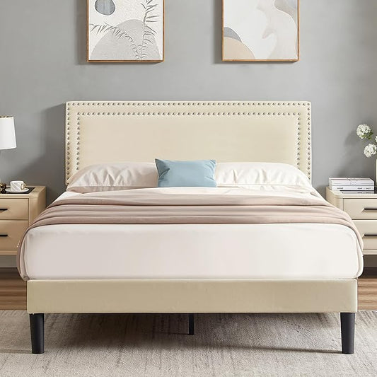 Full Size Platform Bed Frame with Height Adjustable Upholstered Headboard, Modern Mattress Foundation,Strong Wood Slat Support, No Box Spring Needed, Easy Assembly