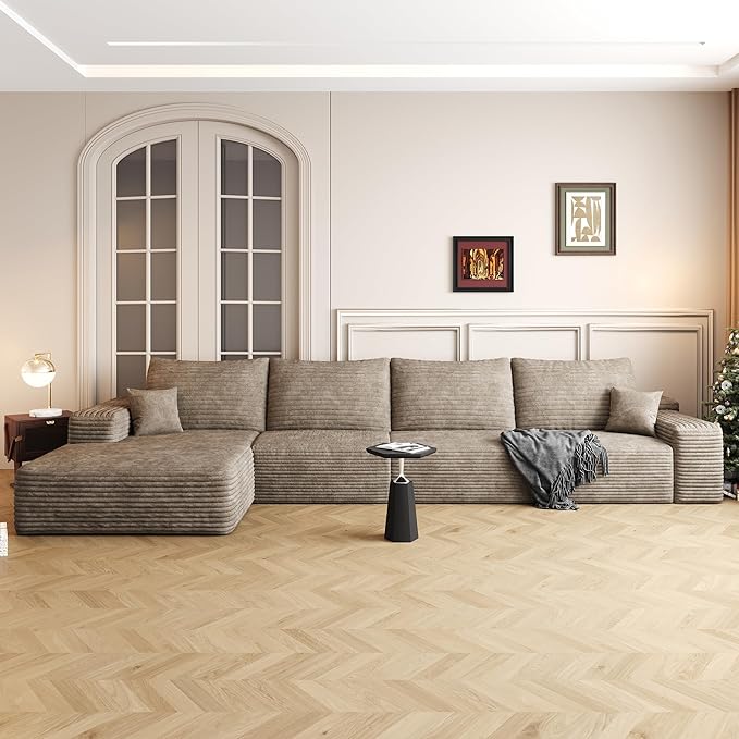 135" Corduroy Couch Sectional with Chaise, L Shape Boneless Cloud Couches for Living Room Bedroom, Modular Corner Couch, Fluffy Deep Seat Compression Sofa, Left Facing Chaise, No Assembly, Camel