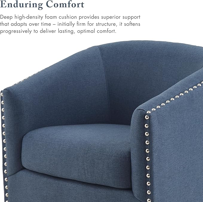 Madison Park Swivel Barrel Accent Chair, Upholstered Curved Back with 7-Inch Thick Woven Cushion, 360° Swivel, Nailhead Trim, Comfy Chair for Living Room, Bedroom, Office, 28" Wide, Blue, Tyler