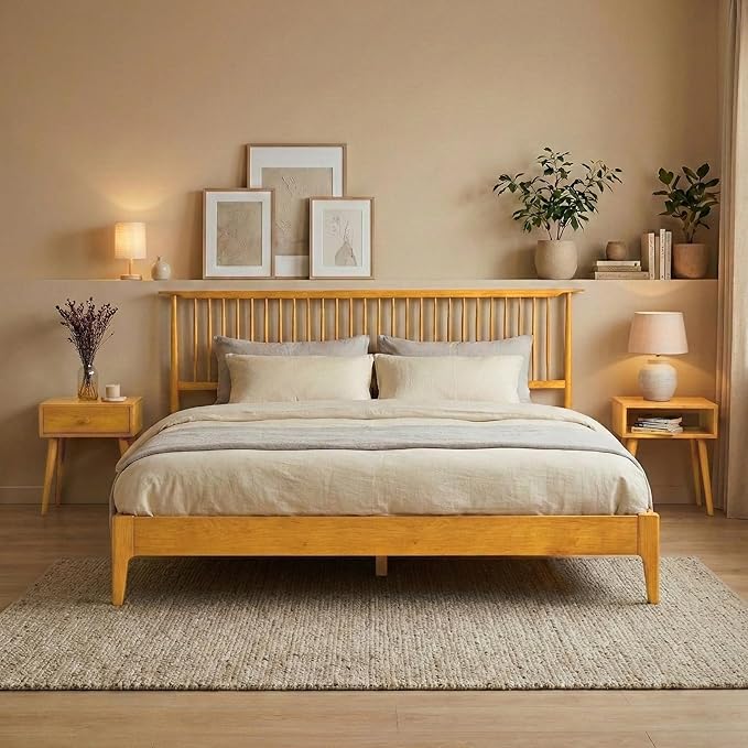 NTC Ruby Wooden Bed Frame with Headboard, Solid Wood Foundation with Silent Slats and Wood Central Supports, 1000 Lb Capacity, Effortless Assembly (Rustic Oak, Queen)