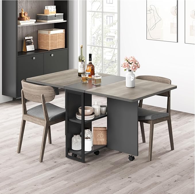 GAOMON Folding Dining Table, Drop Leaf Dining Table for 4, Foldable Kitchen Table with 6 Wheels and 2 Storage Shelf, Space Saving Dining Table with Drawer for Small Spaces
